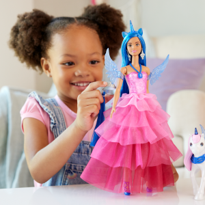 Barbie Unicorn Toy, 65th Anniversary Doll With Blue Hair, Pink Gown & Pet Alicorn